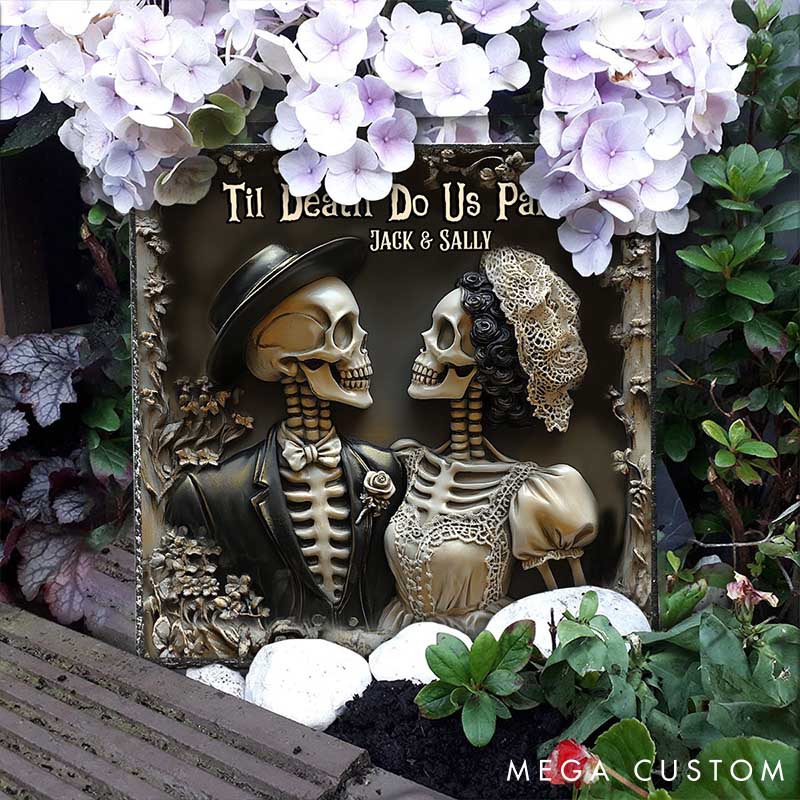 Personalized Skeleton Couple Til Death Do Us Part Rectangle Shaped Stone with Stand Skeleton Newlyweds Graphic 3D Print Stone Valentines Day Gift