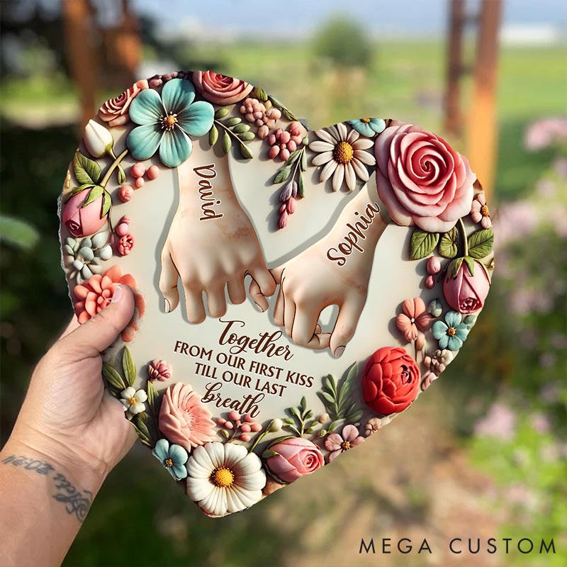 Personalized Couple From Our First Kiss Till Our Last Breath Heart Shaped Stone with Stand Floral Pinky Promise 3D Effect Stone Valentines Day Gift