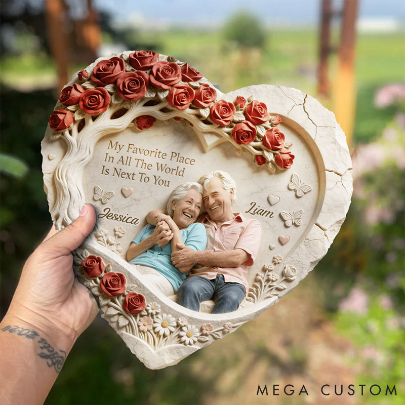 Personalized Couple Photo My Favorite Place Is Next To You Heart Shaped Stone with Stand Custom Floral Tree 3D Effect Stone Valentines Day Gift