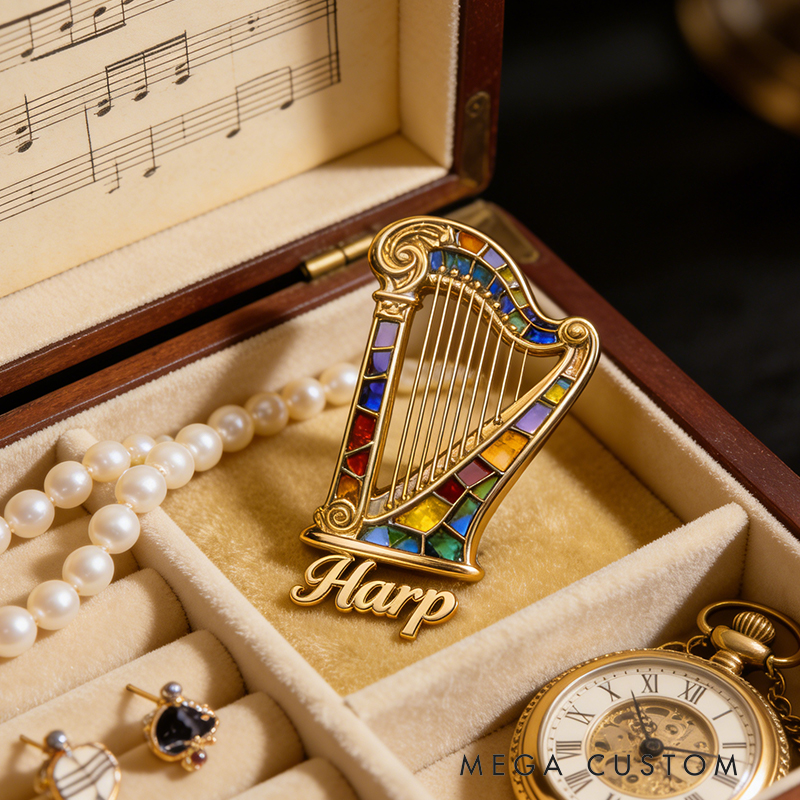 Personalized Harp-Inspired Custom Enamel Brooch Crafted From the Instrument of Your Choice