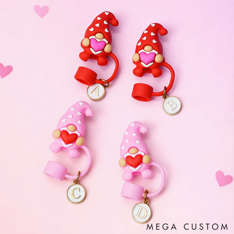 Personalized Gnome Heart Reusable Straw Topper with Initial Charm Accessory for Tumbler Valentine's Day Gift for Couple Unique Gift for Him Her