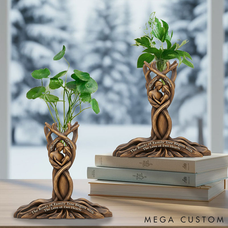 Personalized Couple The Roots of Family Tree Begins with The Love of Two Hearts Acrylic Flower Vase Imitation Wood 3D Effect Vase Valentines Day Gift