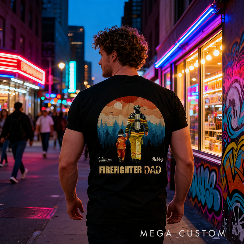 Personalized Family Gifts Custom Name Firefighter Dad Shirt Father and Son Matching Tee Classic Fireman Theme T Shirt