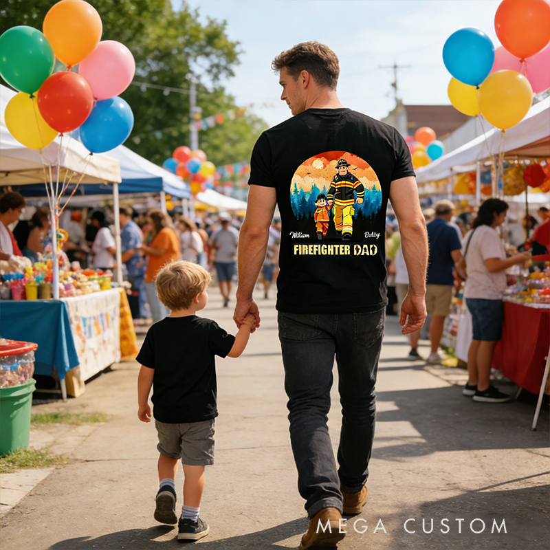 Personalized Family Gifts Custom Name Firefighter Dad Shirt Cartoon Father and Son Matching Tee Classic Fireman Theme T Shirt