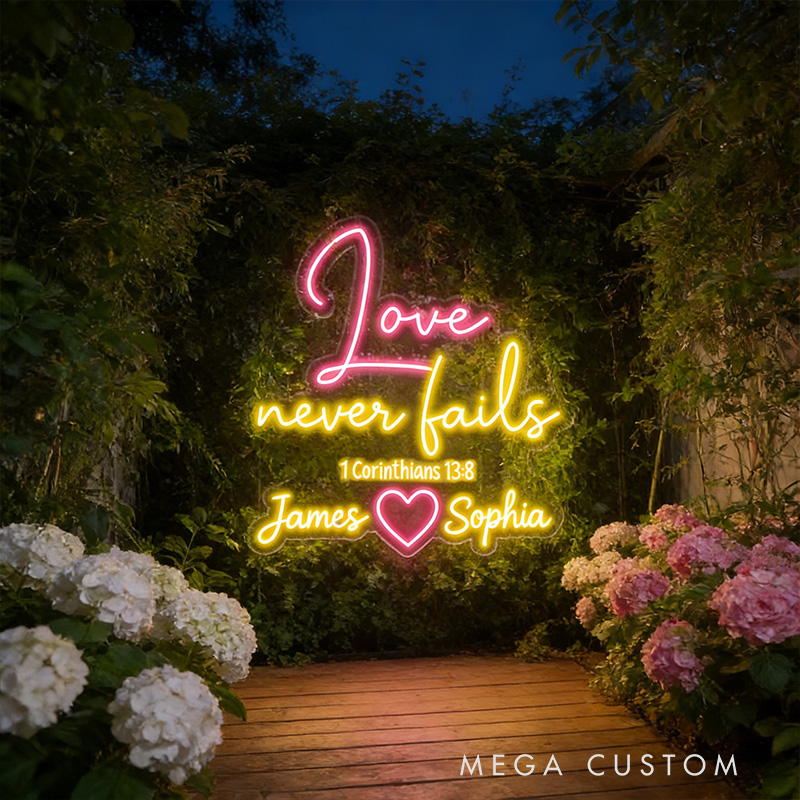 Personalized Love Never Fails Neon Sign with Custom Names Bible Verse Neon Sign Wedding Anniversary Gift Valentine's Day Decor Religious Gift for Couple