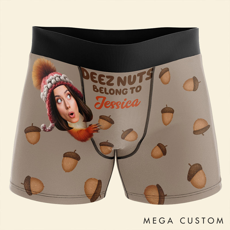 Personalized Girlfriend Wife Face Deez Nuts Belong To Her Boxer Briefs Men Underwear with Woman Face Photo Valentines Day Gift for Boyfriend Husband