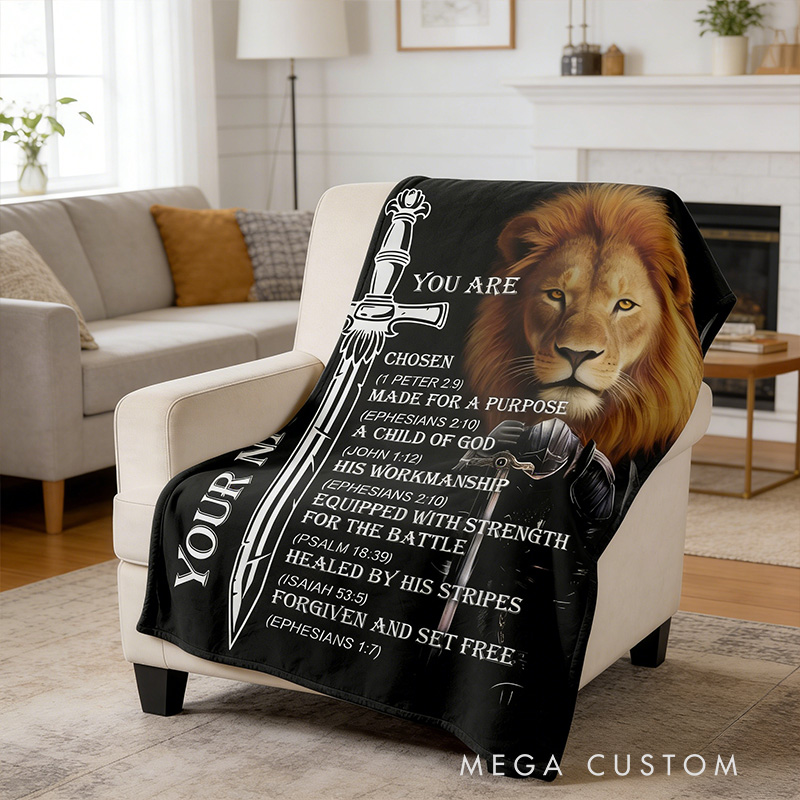 Personalized Lion of Judah You are Bible Verse Throw Blanket with Custom Name Cross Lion Home Decor Religious Gift Christian Gift for Men 