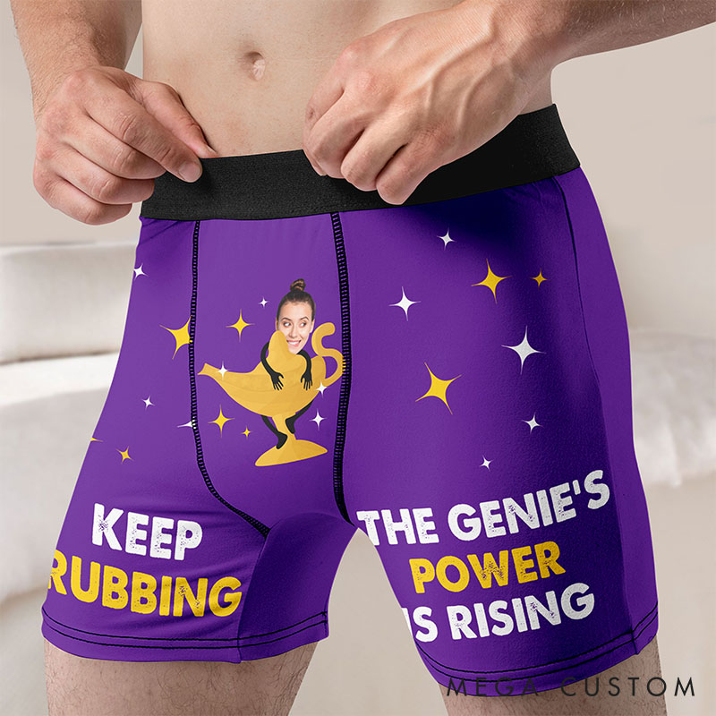 Personalized Girlfriend Wife Face Keep Rubbing The Genie's Power is Rising Boxer Briefs Men Underwear with Woman Photo Valentines Day Gift for Him