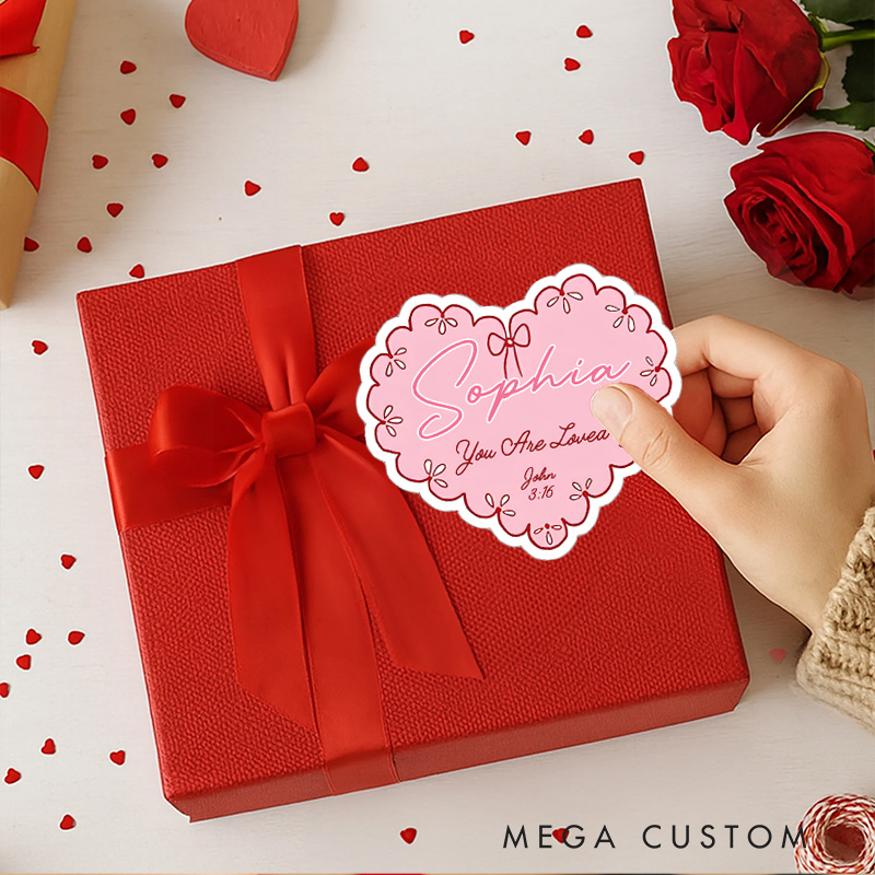 Personalized Pink Bow Heart you are Loved Bible Verse Stickers with Name Religious Gift Valentine's Day Gift for Couple Woman
