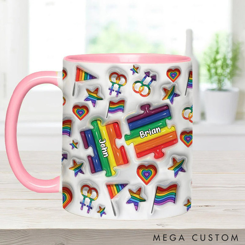 Personalized Rainbow Love is Love Mug Puzzle LGBT Couple Coffee Mug Imitation 3D Print Accent Mug Valentine's Gift for LGBT couple