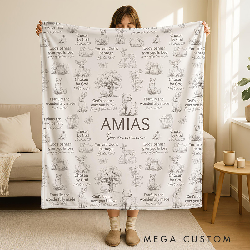 Personalized Woodland Animals Bible Verse Soft Throw Blanket with Custom Name Baby Shower Nursery Prayer Baby Gift Religious Gift for Kids