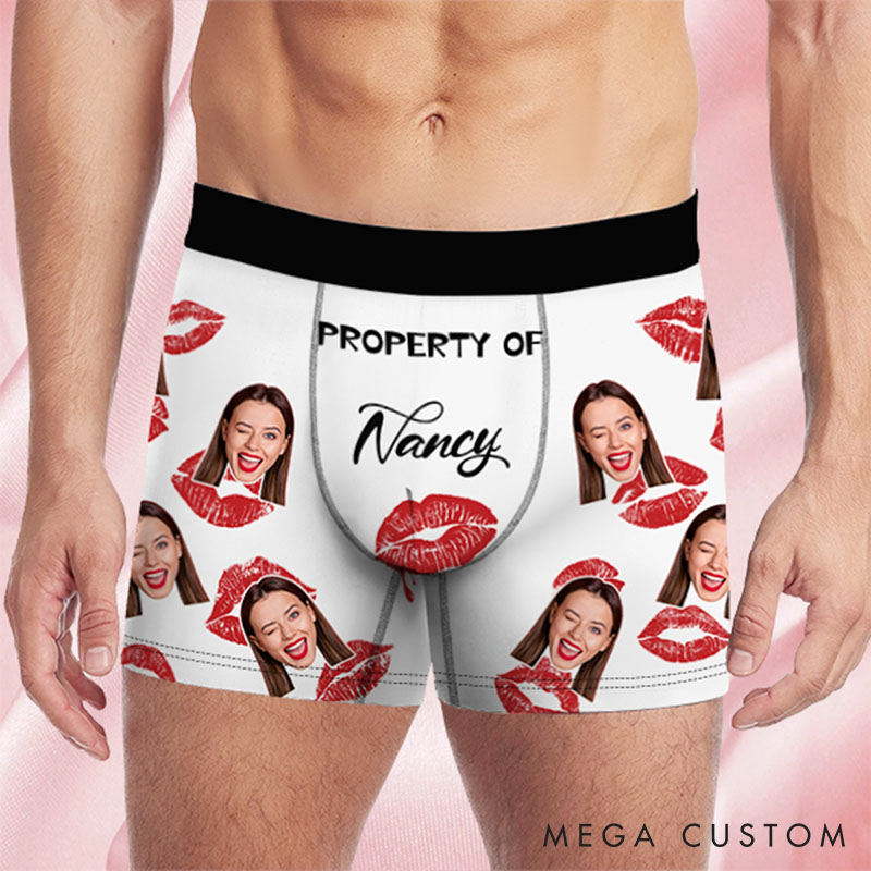 Personalized Girlfriend Wife Face Boxer Brief Red Lips Print Property of Her Men Underwear with Photo Valentines Day Gift for Boyfriend Husband