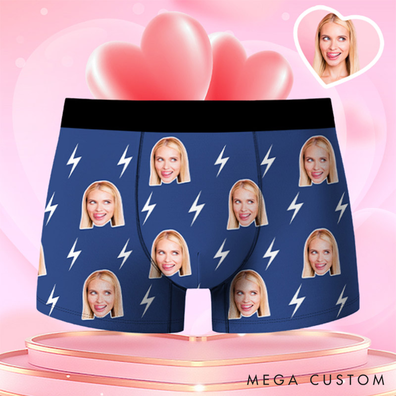 Personalized Girlfriend Wife Face Boxer Brief Lightning Print Men Underwear with Woman Face Photo Portrait Valentines Day Gift for Boyfriend Husband
