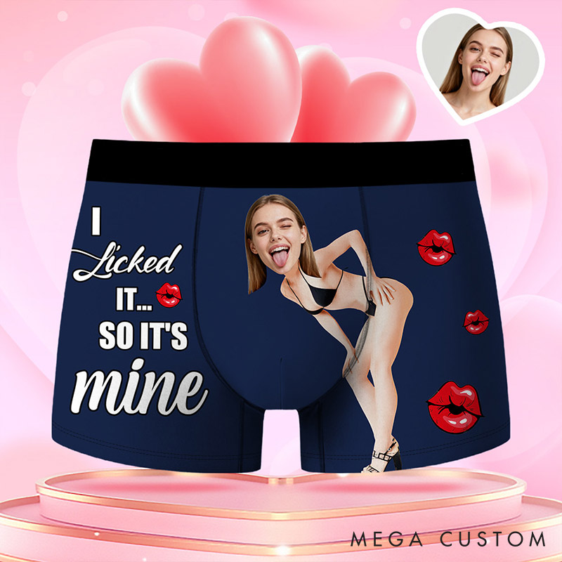 Personalized Girlfriend Wife Face Boxer Brief I Licked It So It's Mine Men Underwear with Woman Face Portrait Valentines Day Gift for Boyfriend Husband