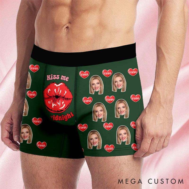 Personalized Girlfriend Wife Face Boxer Brief Kiss Me at Midnight Men Underwear with Woman Face Portrait Valentines Day Gift for Boyfriend Husband
