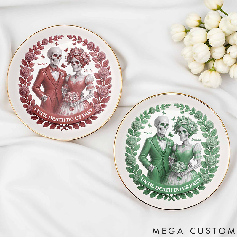 Personalized Skeleton Couple Until Death Do Us Part Round Shaped Ring Dish Skeleton Bride and Groom Ceramic Ring Dish Valentines Day Gift for Newlyweds
