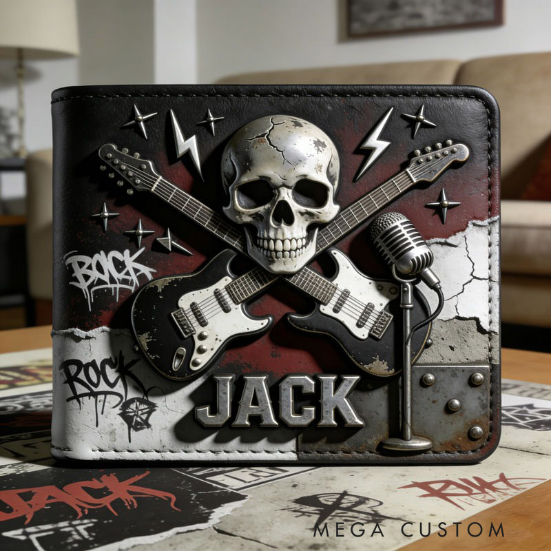 Personalized punk rock guitar and skull themed Leather Wallet Custom with Name Mens Wallet Gift For Him Husband Boyfriend Father Son Grandson
