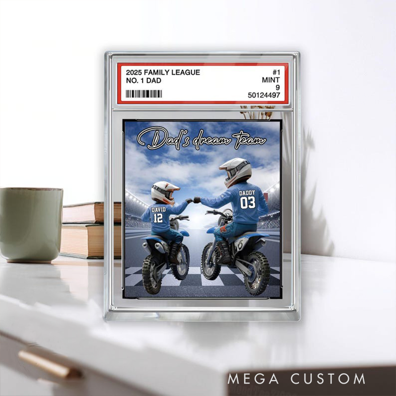 Personalized Fathers Day Gifts Motocross Dad and Kids Acrylic Plaque Trading Card Style Custom Name Motorcycle Decor for Dad or Husband