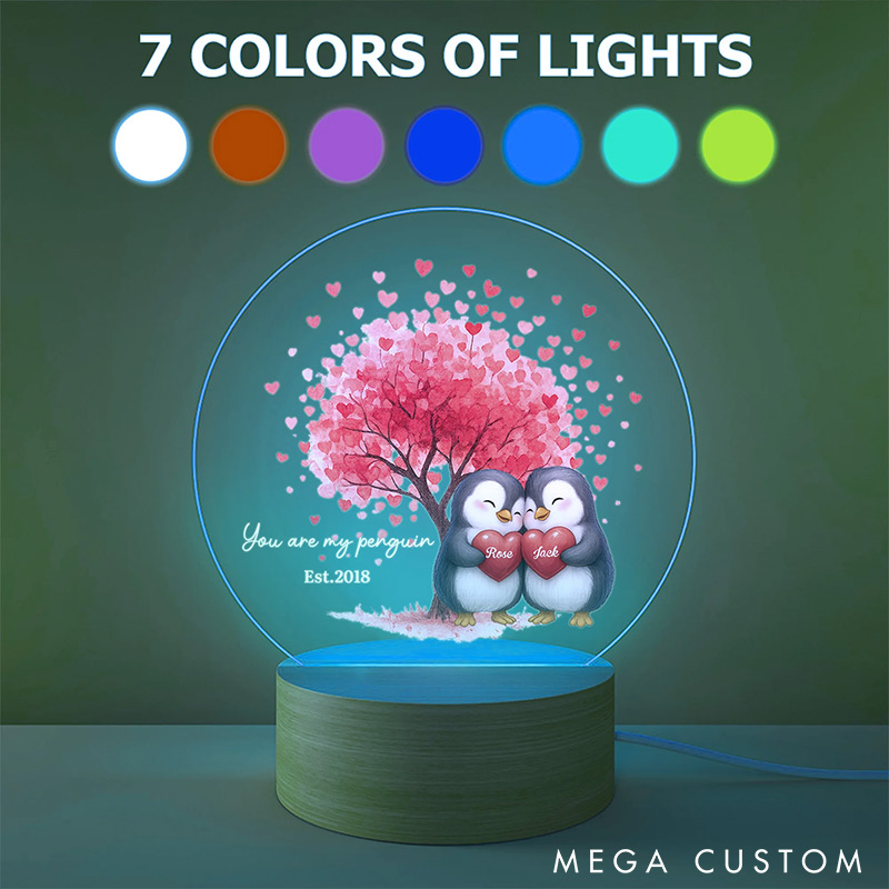 Personalized Penguin Design Couple Night Light Custom Names Year Lamp Valentine's Day Gift for Couple Anniversary Gift for Him Her