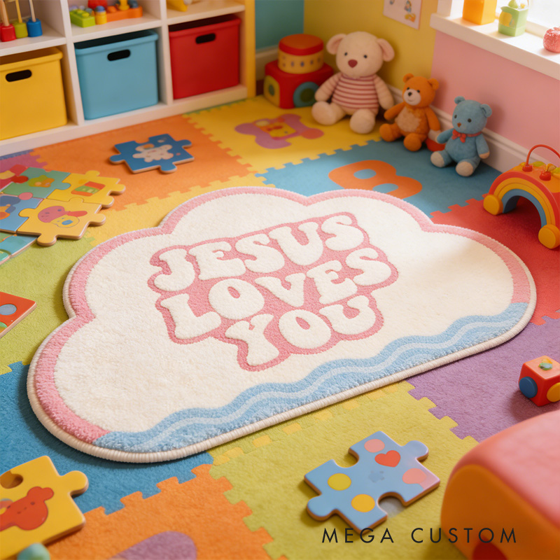 Personalize Jesus Loves you Christian Rug with Custom Name Vintage Rug Valentine Gift Religious Gift for her