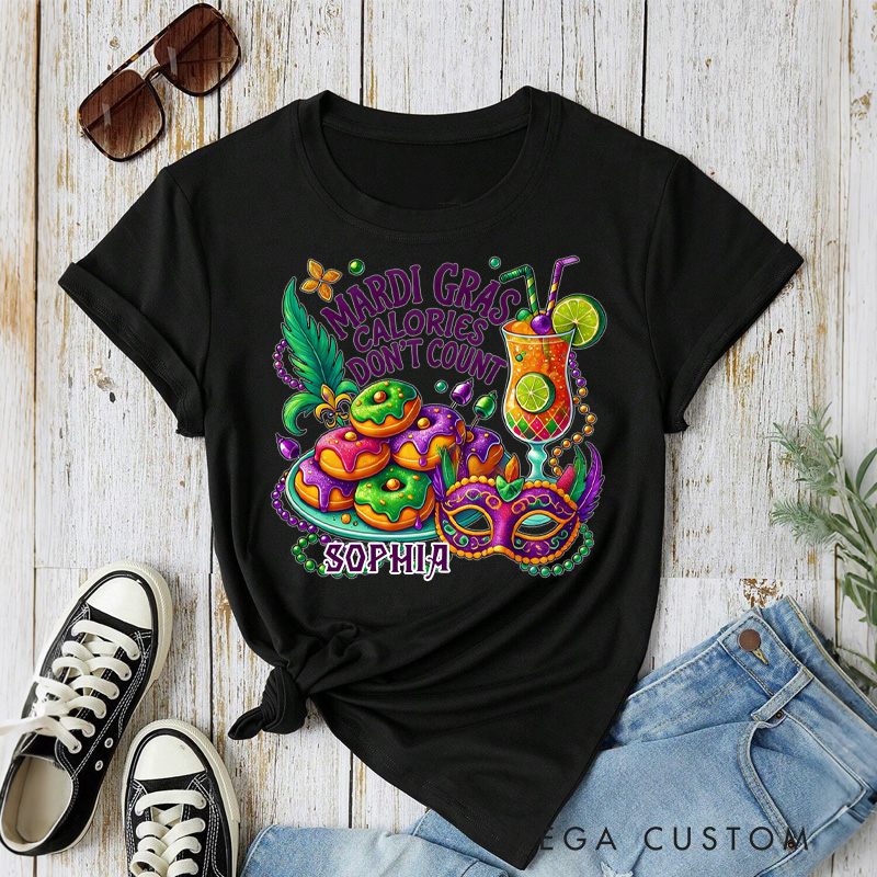 Personalized Mardi Gras Calories Don't Count Classic T-shirts Donut Shirt with Name Mardi Mask Bead Shirt Gift for Women Her
