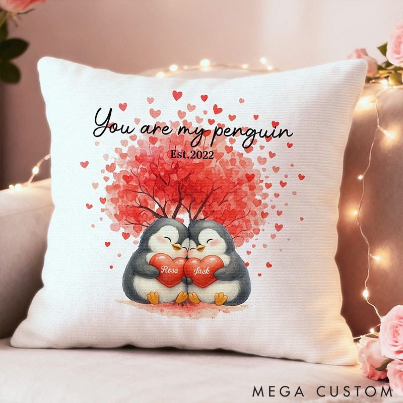 Personalized Love Tree Penguin Couple Soft Throw Pillow Custom Name Year Home Pillow Valentine's Day gift for Couple Romantics Gift for Him Her
