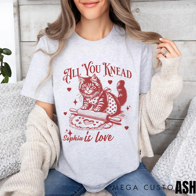 Personalized All You Knead is Love Classic T-shirts Vintage Cat Biscuits Kneading Dough Tshirt with Name Valentine's Day Gift for Women Cat Lover Her