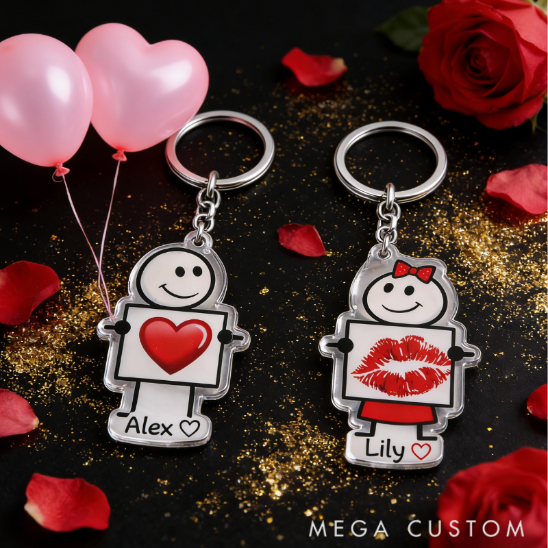 Personalized Minimalist Stick Figures Couple Keychain Custom Names Expressing Love Symbolic Holiday Gift for Couples