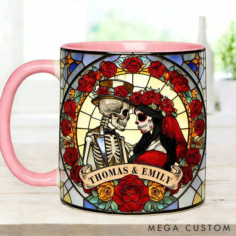 Personalized Skeleton Couple Mug 3D Effect Stained Glass Design Graphic Mug Couple Skeleton Coffee Cup for Husband Wife Boyfriend Girlfriend