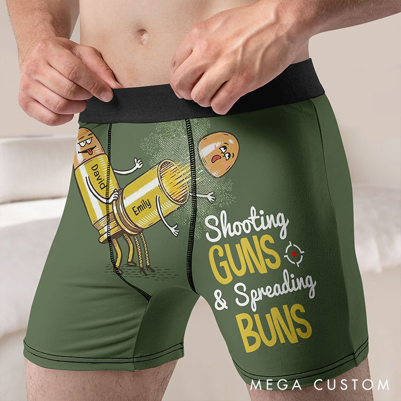 Personalized Man Shooting Guns & Spreading Buns Boxer Brief Custom Men Bullet Pattern Underwear with Name Valentines Day Gift for Boyfriend Husband