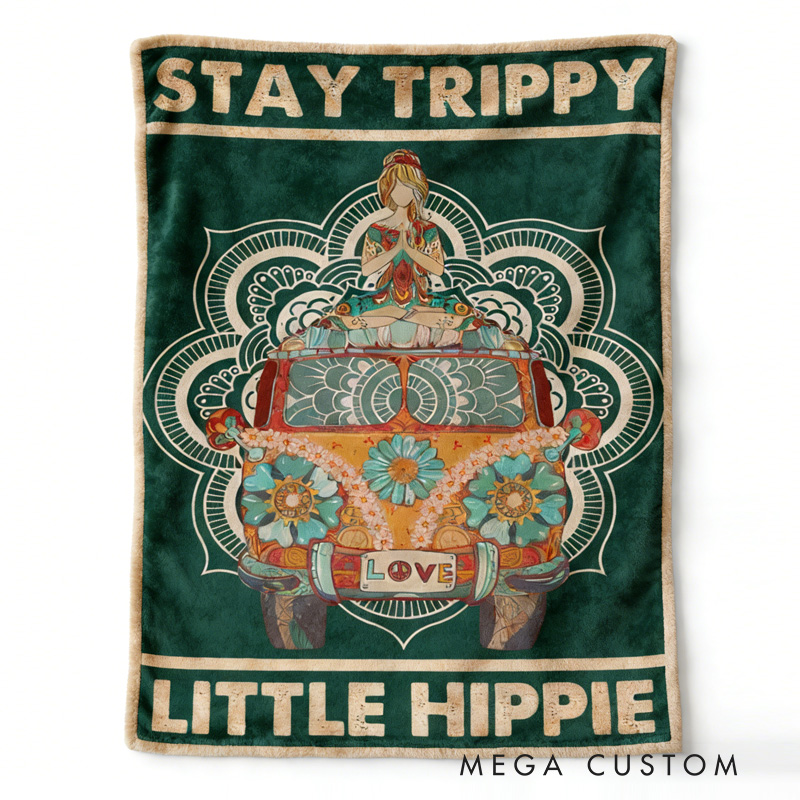 Personalized Stay Trippy Little Hippie Blanket Retro Van Mandala Boho Decor for Yoga Lovers