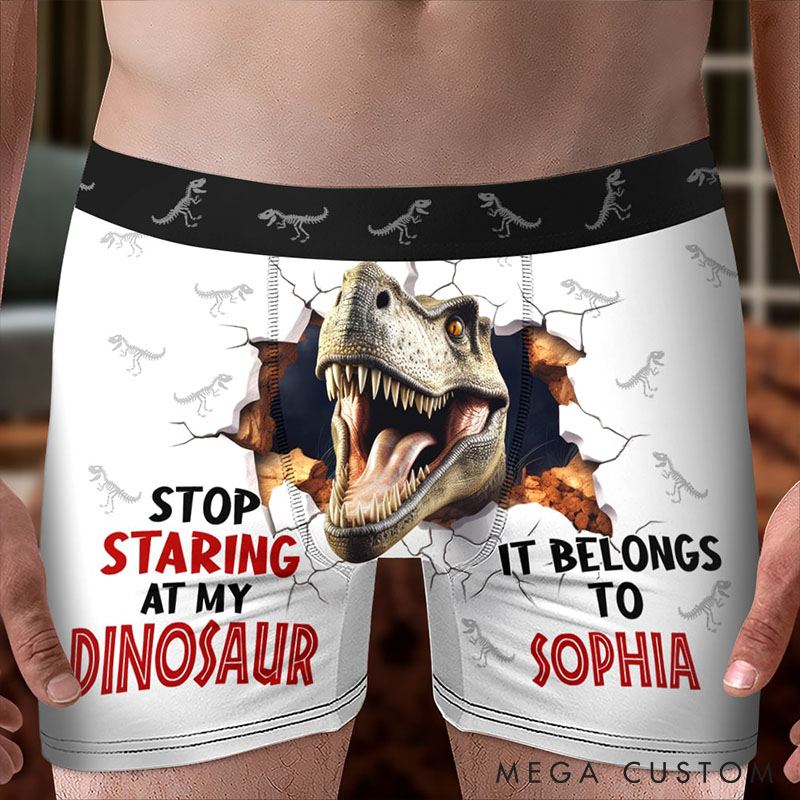 Personalized Man Stop Staring at My Dinosaur It Belongs to Her Boxer Brief Custom Men Underwear with Name Valentines Day Gift for Boyfriend Husband