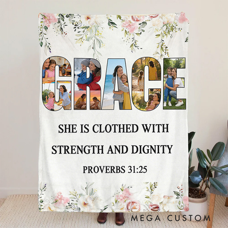 Personalized Grace Proverbs 31:25 Bible Verse Throw Blanket with Custom Photo Floral Blanket Faith Home Decor Religious Gift for Mother