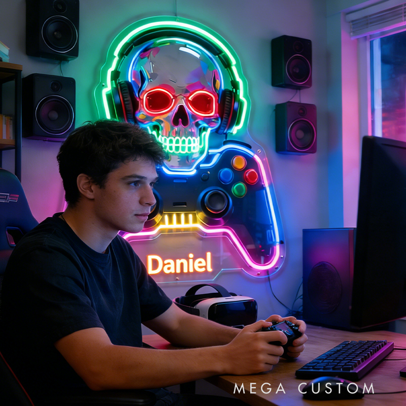 Personalized Skull and Game Controller Neon Decor the Perfect Gift for Gaming Lovers
