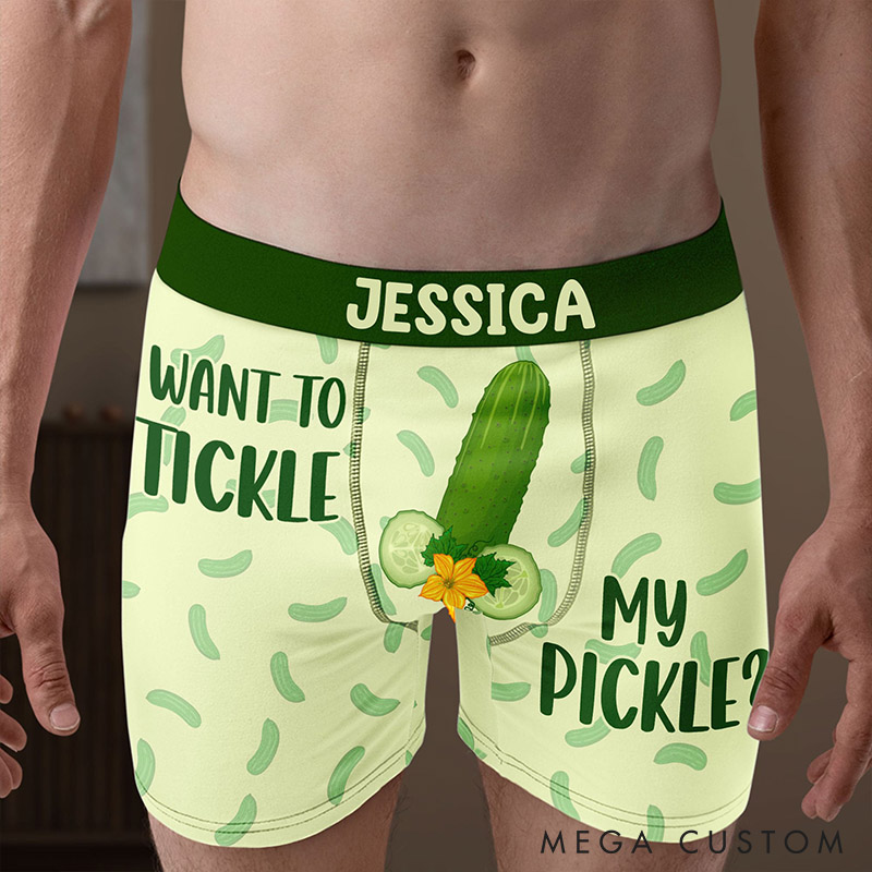 Personalized Man Want to Tickle My Pickle Boxer Brief Custom Man Cucumber Pattern Underwear with Name Valentines Day Gift for Boyfriend Husband