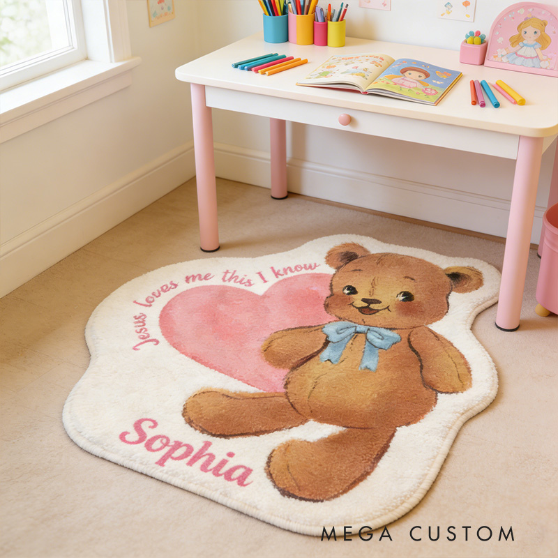 Personalize Jesus Loves Me this i Know Vintage Bear Christian Rug with Custom Name Valentine Gift Religious Gift for her
