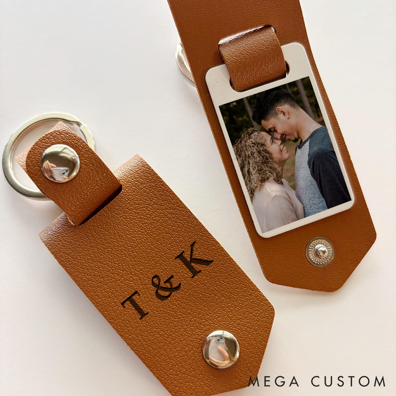 Personalized Photo and Calendar Leather Keychain Couple Leather Keychain with Photo Custom Anniversary Valentine's Gift for Man Woman