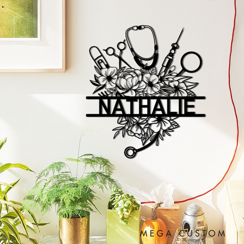 Personalized Nurse Gifts Custom Name Metal Sign Floral Doctor Wall Art Medical Office Decor Gift for Nurse or Healthcare Worker