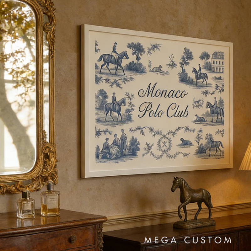 Personalized French Toile Equestrian Art Poster Riding Wall Art Sports Printable Room Art Decor for Equestrian Riding Lovers 