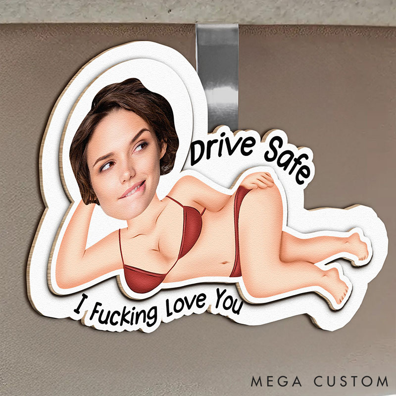 Personalized Couple Photo Drive Safe I F*cking Love You Wooden Car Visor Clip Man Woman Face Portrait Car Visor Clip Valentine's Day Gift for Him Her