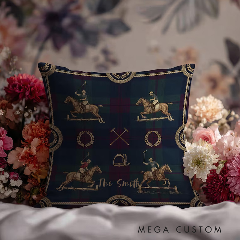 Personalized Equestrian Throw Pillow Polo Horse Pillow Case Tartan Design Pillow Jumping Horse Decor Sport Decor Pillow Covers Polo Gifts for Riding Lovers Equestrian Lovers