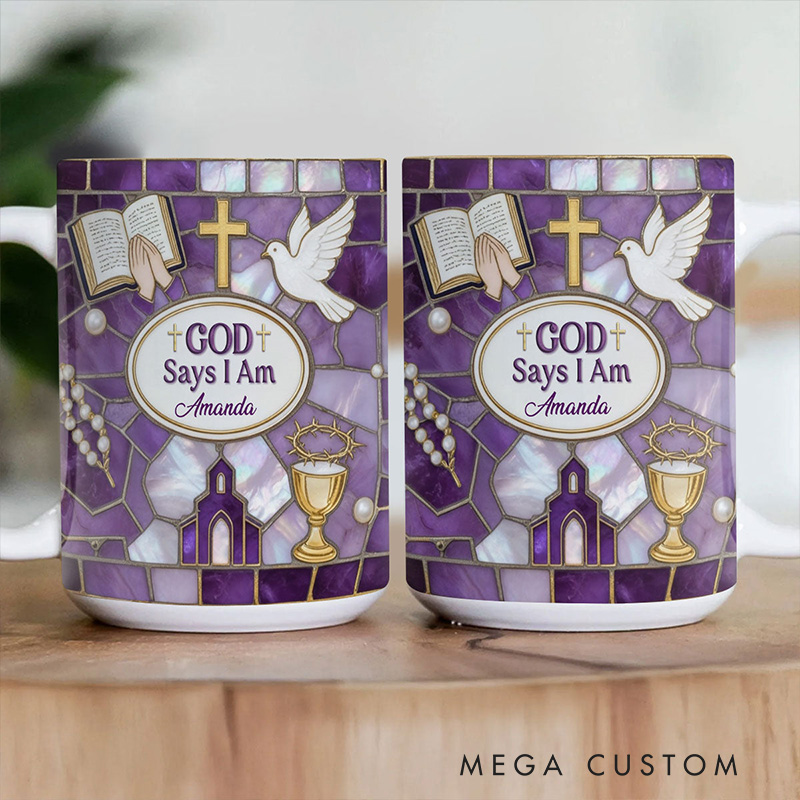 Personalized Stained Glass God Says i am 11oz 15oz Ceramic Mug with Custom Name Purple Coffee Mug Religious Gift for Christians