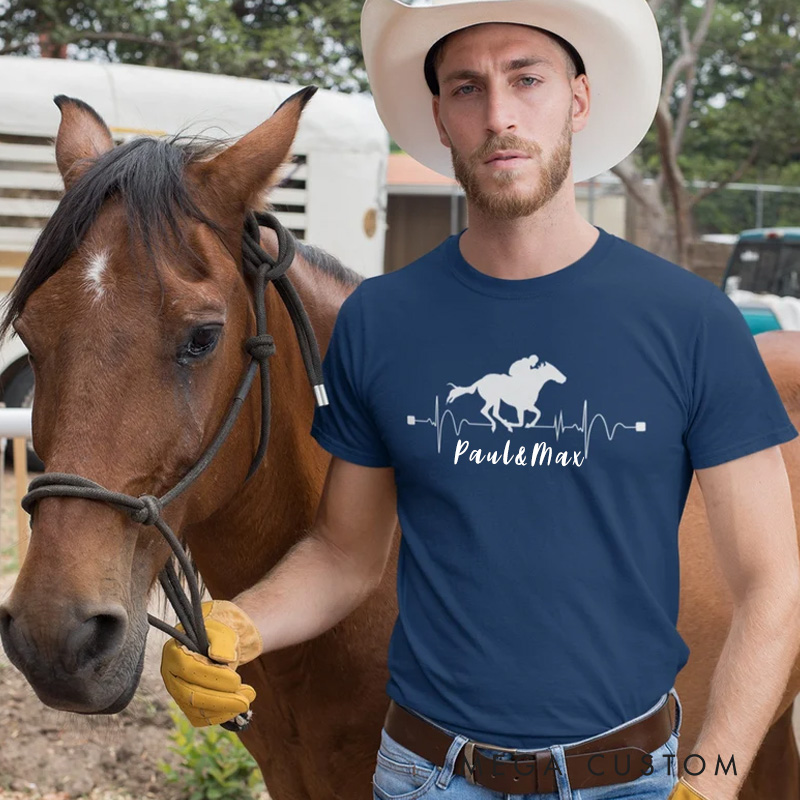 Personalized Heart Beat Pulse Horse Riding T-shirt Equestrian Riders Shirt Pony Riding Graphic Tee Racer Horsemen Trendy Horse Riders Gift for Riding Lovers