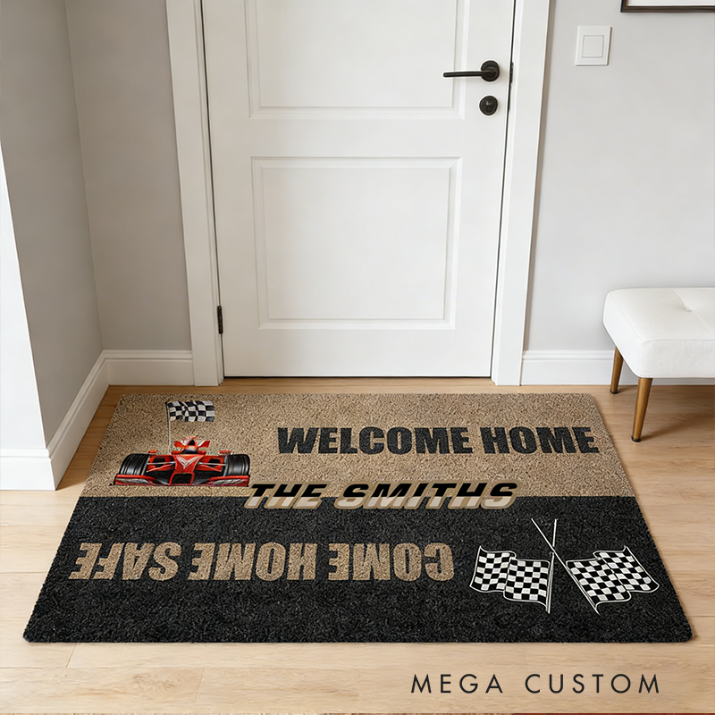 Personalized Racing Gifts Custom Family Name Welcome Home Come Home Safe Doormat Race Car Lover Home Entry Rug Decor