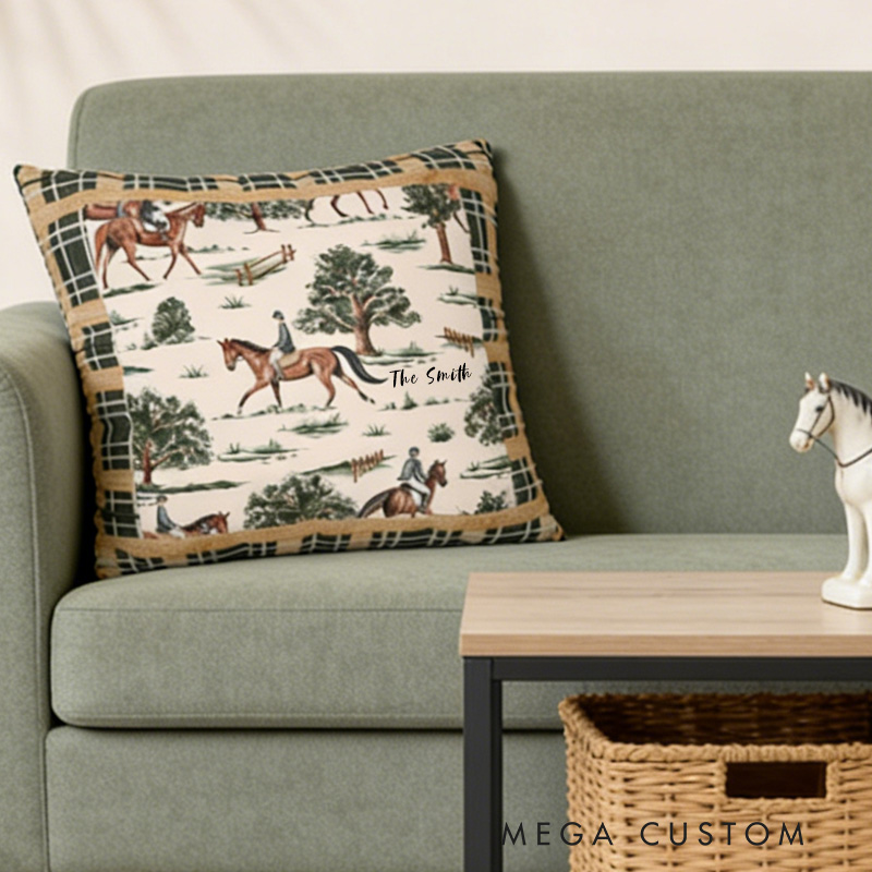 Personalized Equestrian Throw Pillow Equestrian Pillow Cover Plaid Horse Accent Pillow Farmhouse Decor for Riding Lovers Equestrian Lovers