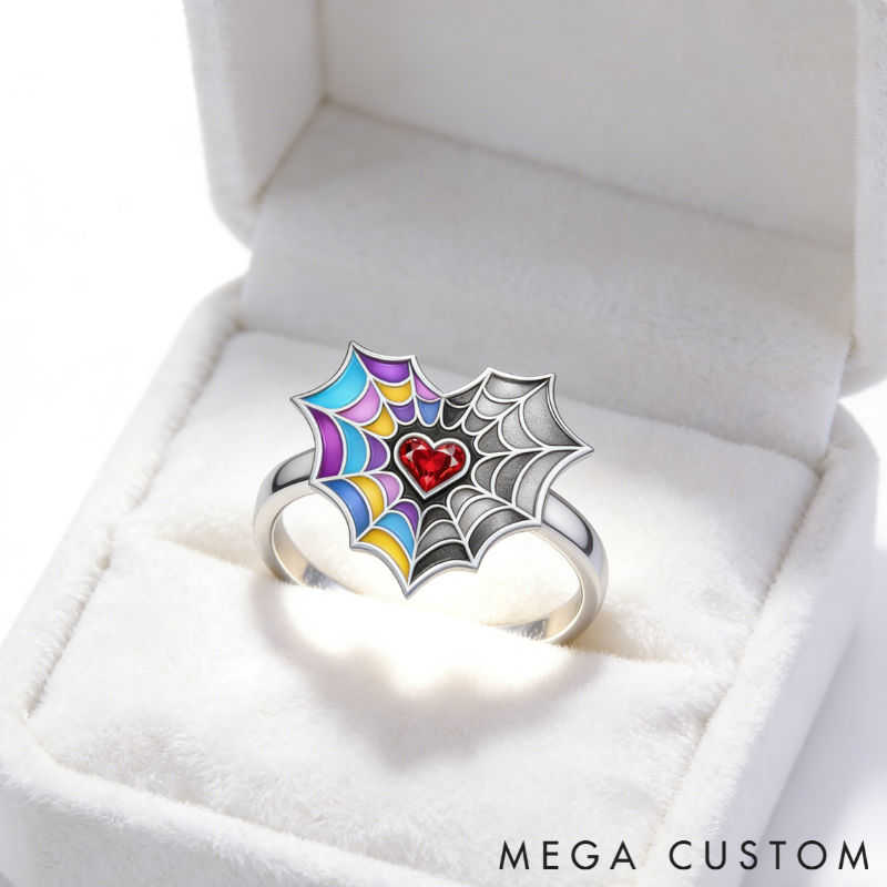 Personalized Birthstone Spiderweb Heart Ring Sterling Silver Ring Symbolic Jewelry Gift for Couples and Best Friends