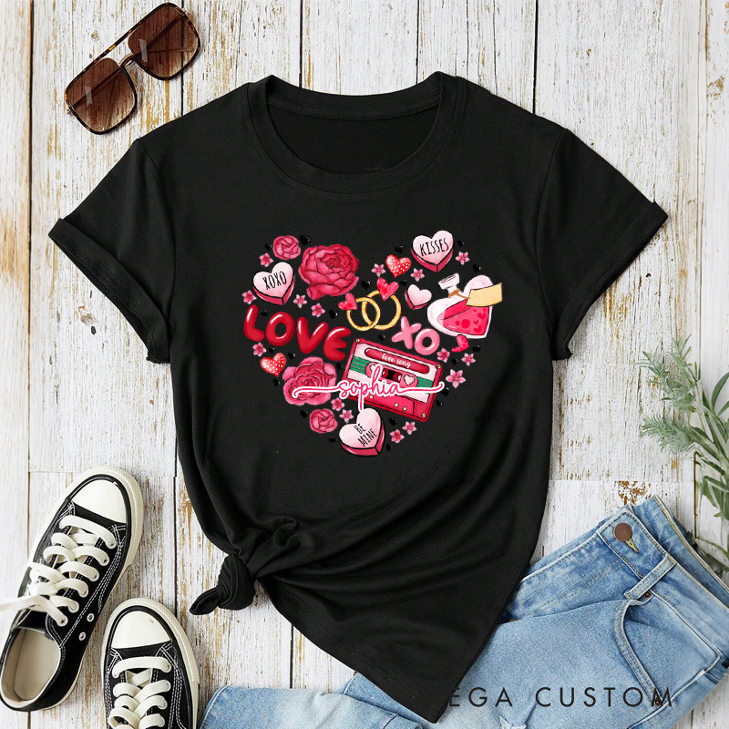 Personalized Heart Valentine Classic T-shirts Xoxo Cozy Shirt with Name Cookie Heart Valentine's Day Gift for Women Baking Lover Her