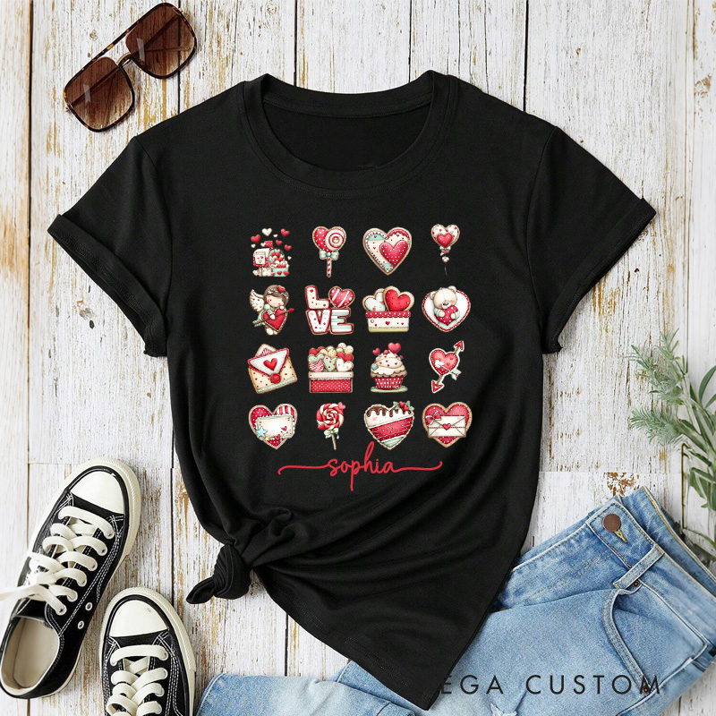 Personalized Whimsical Cookie Classic T-shirts Cute Cookie Style Xoxo Cozy Shirt with Name Cookie Heart Valentine's Day Gift for Women Baking Lover Her