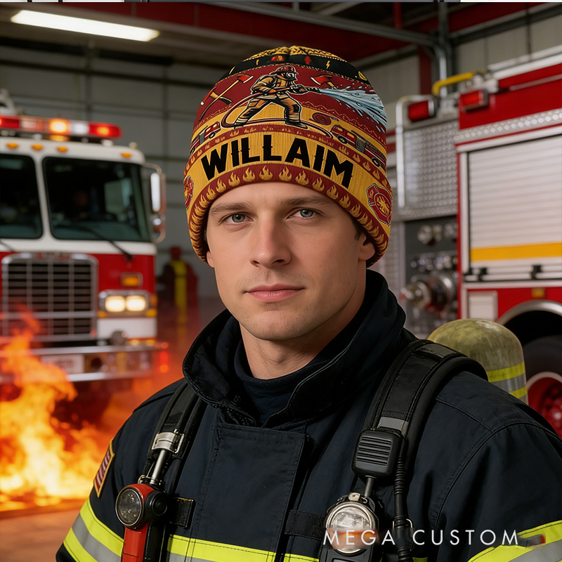 Personalized Firefighter Gifts Custom Name Beanie Hat Warm Winter Knit Cap for Firemen Firefighter Appreciation Gift
