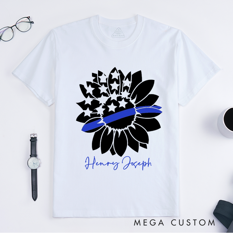 Personalized Police Thin Blue Line Sunflower Design Gift for Police Officer T-Shirt